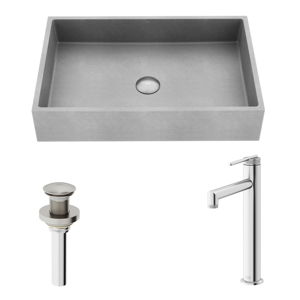VIGO VGT2093 ORVIETO 23 1/2 INCH CONCRETE STONE RECTANGULAR BATHROOM VESSEL SINK IN GRAY WITH STERLING FAUCET AND POP UP DRAIN IN BRUSHED NICKEL