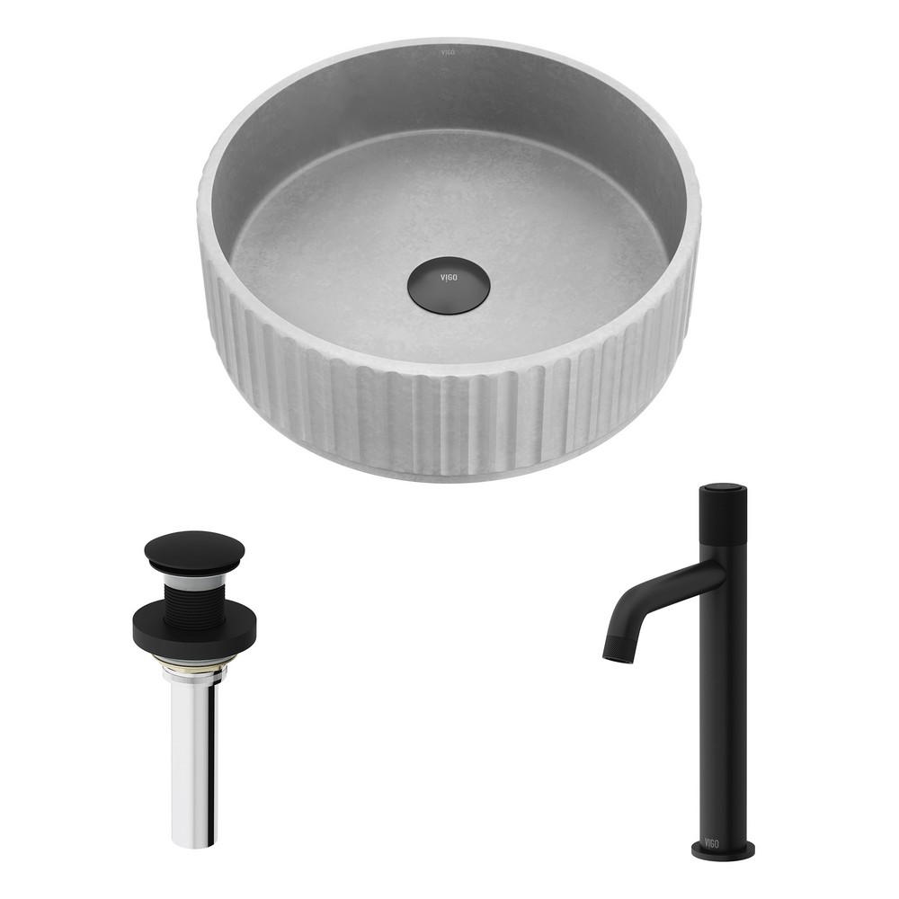 VIGO VGT2095 WINDSOR 16 INCH CONCRETE STONE ROUND FLUTED BATHROOM VESSEL SINK IN GRAY WITH APOLLO FAUCET AND POP UP DRAIN IN MATTE BLACK