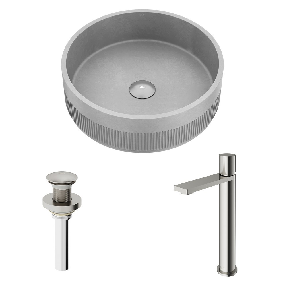 VIGO VGT2096 CYPRESS 16 INCH CONCRETE STONE ROUND FLUTED BATHROOM VESSEL SINK IN GRAY WITH GOTHAM FAUCET AND POP UP DRAIN IN BRUSHED NICKEL