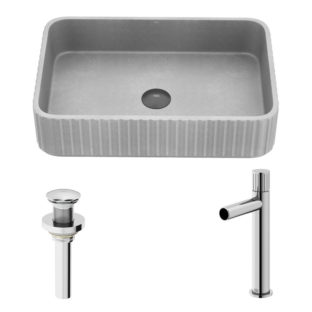 VIGO VGT2098 WINDSOR 21 INCH CONCRETE STONE RECTANGULAR FLUTED BATHROOM VESSEL SINK IN GRAY WITH ASHFORD FAUCET AND POP UP DRAIN IN CHROME