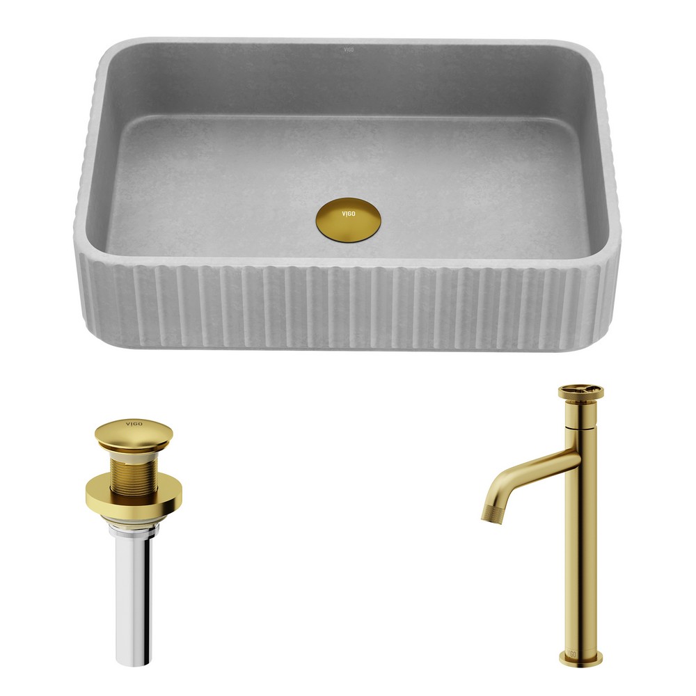 VIGO VGT2099 WINDSOR 21 INCH CONCRETE STONE RECTANGULAR BATHROOM VESSEL SINK IN GRAY WITH CASS FAUCET AND POP UP DRAIN IN MATTE BRUSHED GOLD