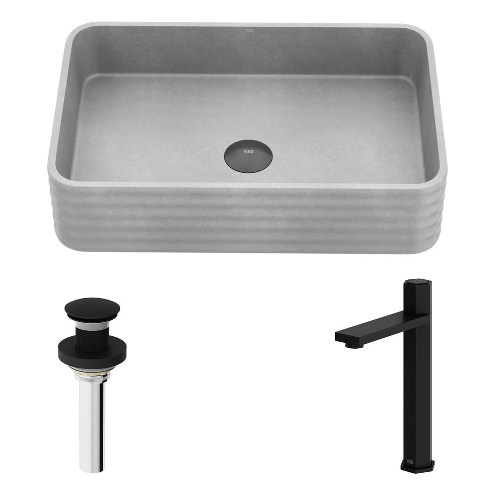 VIGO VGT2100 CADMAN 21 INCH CONCRETE STONE RECTANGULAR FLUTED BATHROOM VESSEL SINK IN GRAY WITH NOVA VESSEL FAUCET AND POP UP DRAIN IN MATTE BLACK