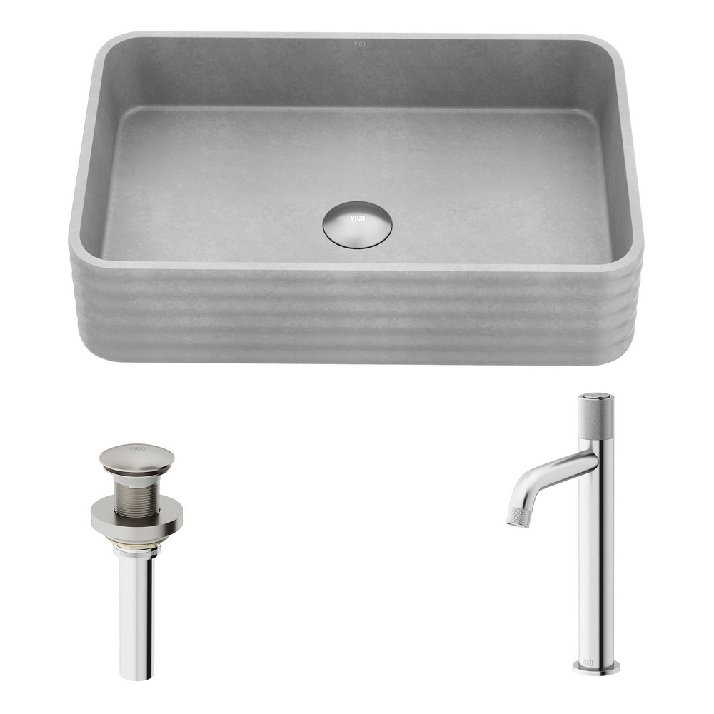 VIGO VGT2101 CADMAN 21 INCH CONCRETE STONE RECTANGULAR FLUTED BATHROOM VESSEL SINK IN GRAY WITH APOLLO FAUCET AND POP UP DRAIN IN BRUSHED NICKEL