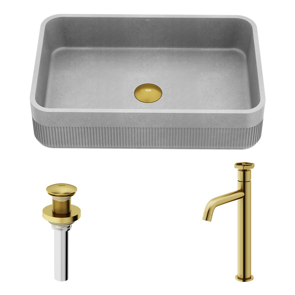 VIGO VGT2102 CYPRESS 21 INCH CONCRETE STONE RECTANGULAR BATHROOM VESSEL SINK IN GRAY WITH RUXTON FAUCET AND POP UP DRAIN IN MATTE BRUSHED GOLD