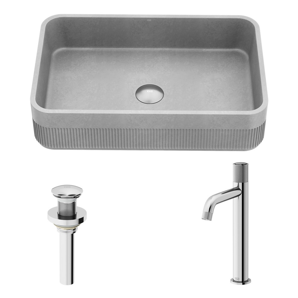 VIGO VGT2103 CYPRESS 21 INCH CONCRETE STONE RECTANGULAR BATHROOM VESSEL SINK IN GRAY WITH APOLLO VESSEL FAUCET AND POP UP DRAIN IN CHROME