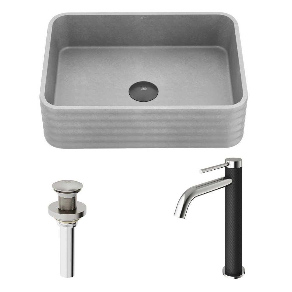 VIGO VGT2104 CADMAN 18 INCH CONCRETE STONE RECTANGULAR FLUTED BATHROOM VESSEL SINK IN GRAY WITH LEXINGTON FAUCET AND POP UP DRAIN IN BRUSHED NICKEL