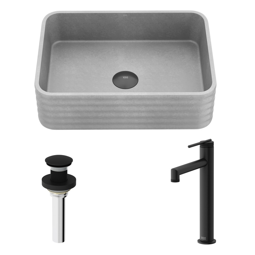 VIGO VGT2105 CADMAN 18 INCH CONCRETE STONE RECTANGULAR BATHROOM VESSEL SINK IN GRAY WITH STERLING FAUCET AND POP UP DRAIN IN MATTE BLACK