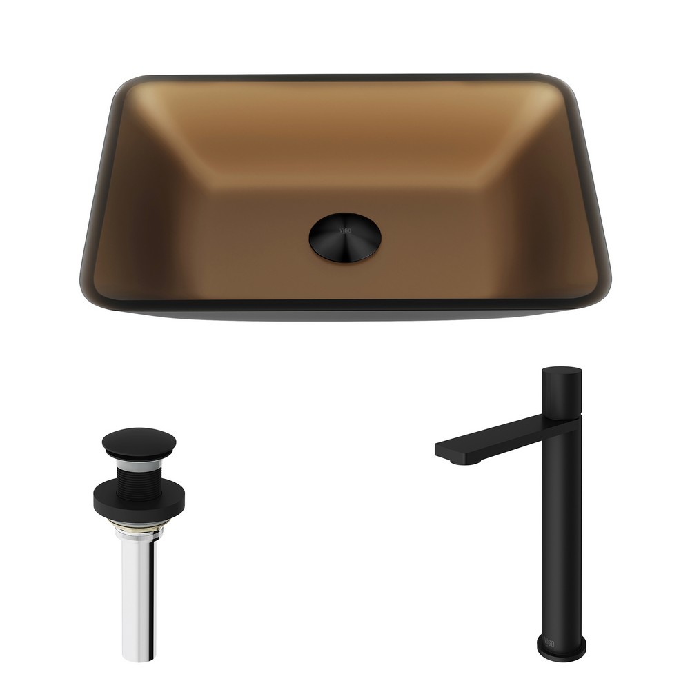 VIGO VGT2107 SOTTILE 18 INCH GLASS RECTANGULAR BATHROOM VESSEL SINK IN AMBER MATTE SHELL WITH GOTHAM FAUCET AND POP UP DRAIN IN MATTE BLACK
