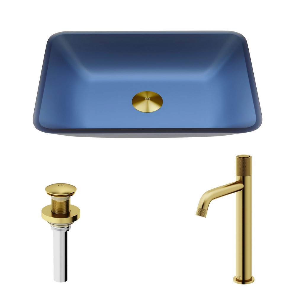 VIGO VGT2108 ROYAL 18 INCH GLASS RECTANGULAR BATHROOM VESSEL SINK IN BLUE MATTE SHELL WITH APOLLO FAUCET AND POP UP DRAIN IN MATTE BRUSHED GOLD