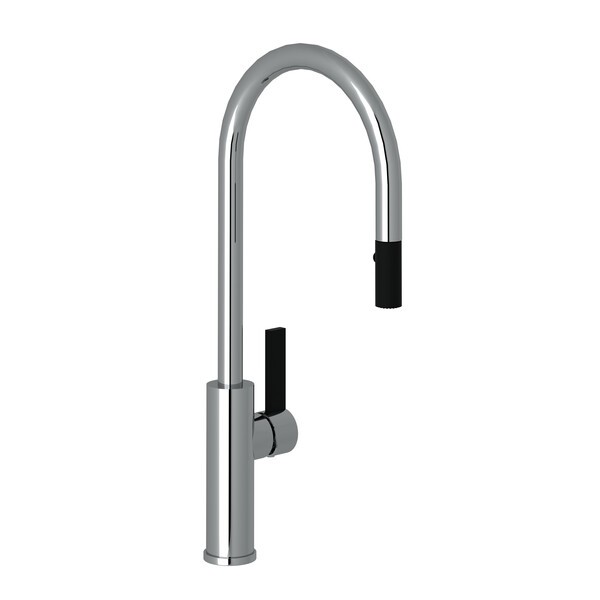ROHL TR55D1LB TUARIO 19 1/4 INCH SINGLE HOLE C-SPOUT PULL-DOWN FAUCET WITH MATTE BLACK ACCENTS AND LEVER HANDLE