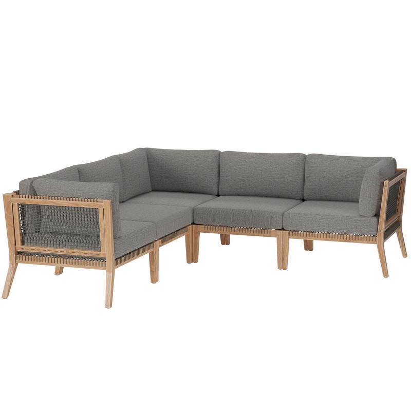 MODWAY EEI-6123 CLEARWATER 87 INCH OUTDOOR PATIO TEAK WOOD 5-PIECE SECTIONAL SOFA