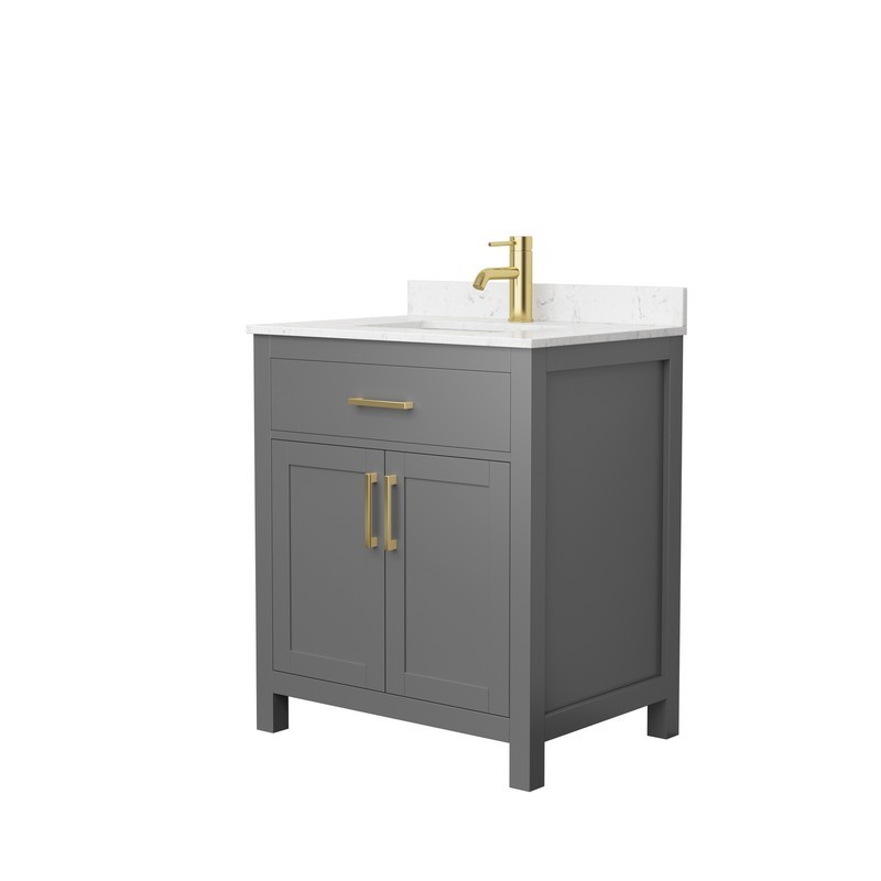 WYNDHAM COLLECTION WCG242430SGGCCUNSMXX BECKETT 30 INCH SINGLE BATHROOM VANITY IN DARK GRAY WITH CARRARA CULTURED MARBLE COUNTERTOP, UNDERMOUNT SQUARE SINK AND BRUSHED GOLD TRIM