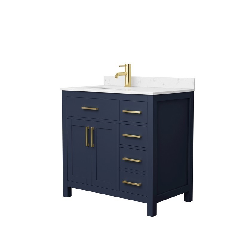 WYNDHAM COLLECTION WCG242436SBLCCUNSMXX BECKETT 36 INCH SINGLE BATHROOM VANITY IN DARK BLUE WITH CARRARA CULTURED MARBLE COUNTERTOP, UNDERMOUNT SQUARE SINK AND BRUSHED GOLD TRIM