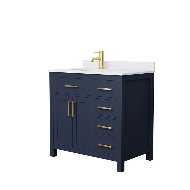 WYNDHAM COLLECTION WCG242436SBLWCUNSMXX BECKETT 36 INCH SINGLE BATHROOM VANITY IN DARK BLUE WITH WHITE CULTURED MARBLE COUNTERTOP, UNDERMOUNT SQUARE SINK AND BRUSHED GOLD TRIM