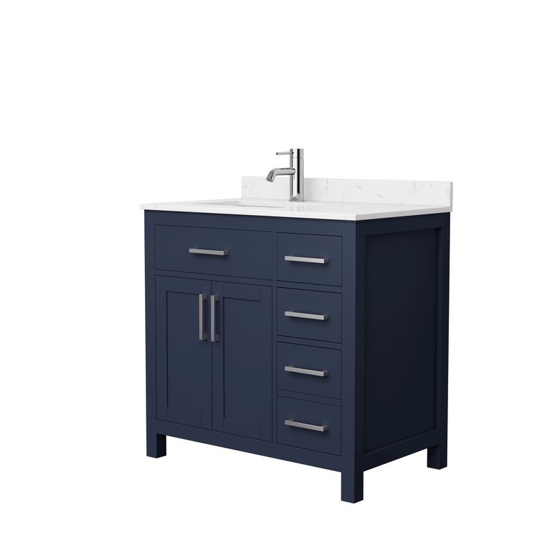 WYNDHAM COLLECTION WCG242436SBNCCUNSMXX BECKETT 36 INCH SINGLE BATHROOM VANITY IN DARK BLUE WITH CARRARA CULTURED MARBLE COUNTERTOP, UNDERMOUNT SQUARE SINK AND BRUSHED NICKEL TRIM