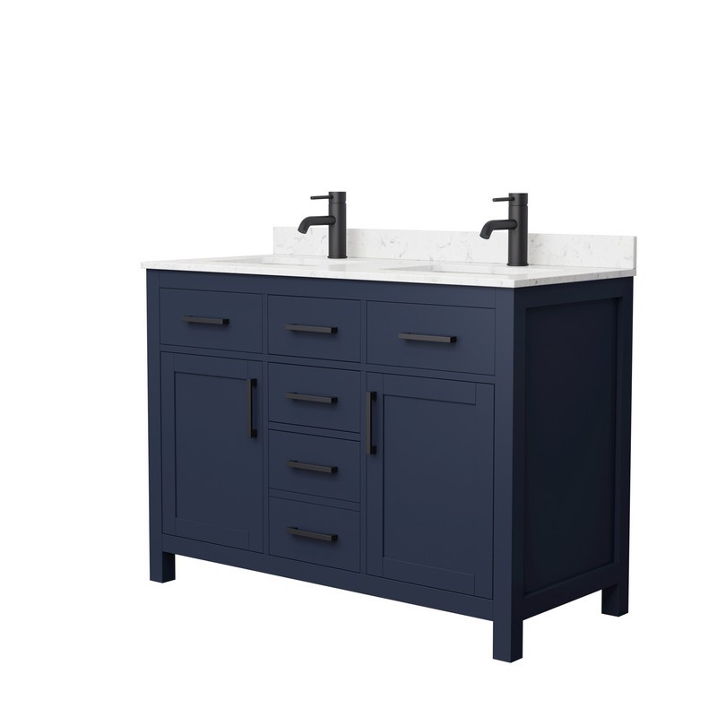 WYNDHAM COLLECTION WCG242448DBBCCUNSMXX BECKETT 48 INCH DOUBLE BATHROOM VANITY IN DARK BLUE WITH CARRARA CULTURED MARBLE COUNTERTOP, UNDERMOUNT SQUARE SINKS AND MATTE BLACK TRIM