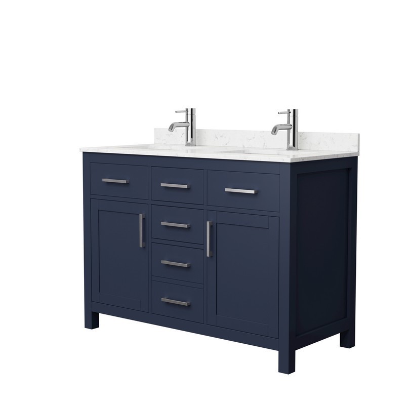 WYNDHAM COLLECTION WCG242448DBNCCUNSMXX BECKETT 48 INCH DOUBLE BATHROOM VANITY IN DARK BLUE WITH CARRARA CULTURED MARBLE COUNTERTOP, UNDERMOUNT SQUARE SINKS AND BRUSHED NICKEL TRIM