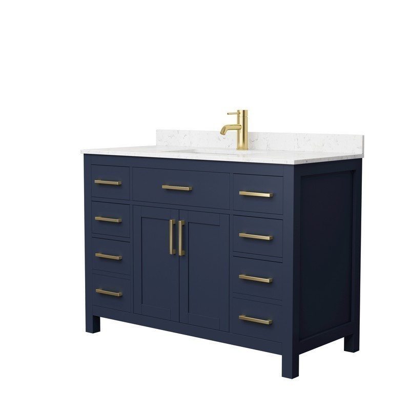 WYNDHAM COLLECTION WCG242448SBLCCUNSMXX BECKETT 48 INCH SINGLE BATHROOM VANITY IN DARK BLUE WITH CARRARA CULTURED MARBLE COUNTERTOP, UNDERMOUNT SQUARE SINK AND BRUSHED GOLD TRIM