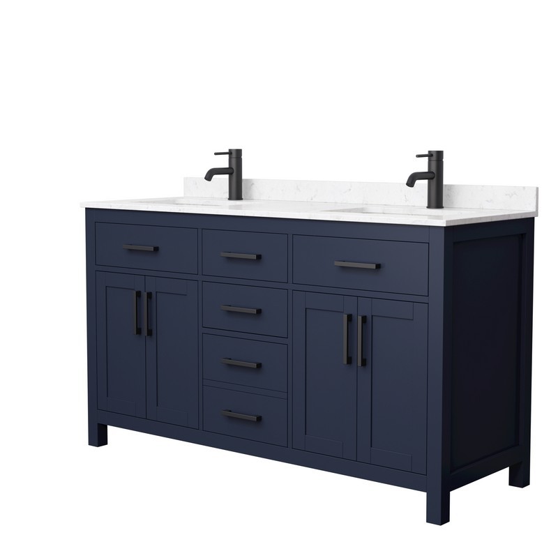 WYNDHAM COLLECTION WCG242460DBBCCUNSMXX BECKETT 60 INCH DOUBLE BATHROOM VANITY IN DARK BLUE WITH CARRARA CULTURED MARBLE COUNTERTOP, UNDERMOUNT SQUARE SINKS AND MATTE BLACK TRIM