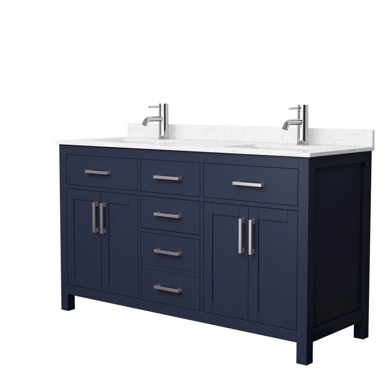 WYNDHAM COLLECTION WCG242460DBNCCUNSMXX BECKETT 60 INCH DOUBLE BATHROOM VANITY IN DARK BLUE WITH CARRARA CULTURED MARBLE COUNTERTOP, UNDERMOUNT SQUARE SINKS AND BRUSHED NICKEL TRIM