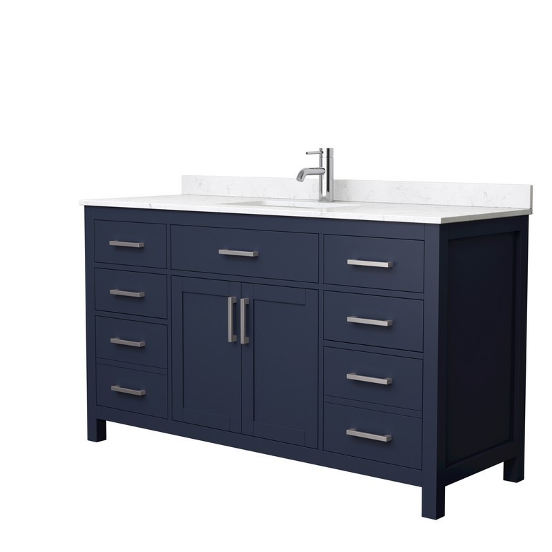 WYNDHAM COLLECTION WCG242460SBNCCUNSMXX BECKETT 60 INCH SINGLE BATHROOM VANITY IN DARK BLUE WITH CARRARA CULTURED MARBLE COUNTERTOP, UNDERMOUNT SQUARE SINK AND BRUSHED NICKEL TRIM