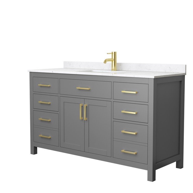 WYNDHAM COLLECTION WCG242460SGGCCUNSMXX BECKETT 60 INCH SINGLE BATHROOM VANITY IN DARK GRAY WITH CARRARA CULTURED MARBLE COUNTERTOP, UNDERMOUNT SQUARE SINK AND BRUSHED GOLD TRIM