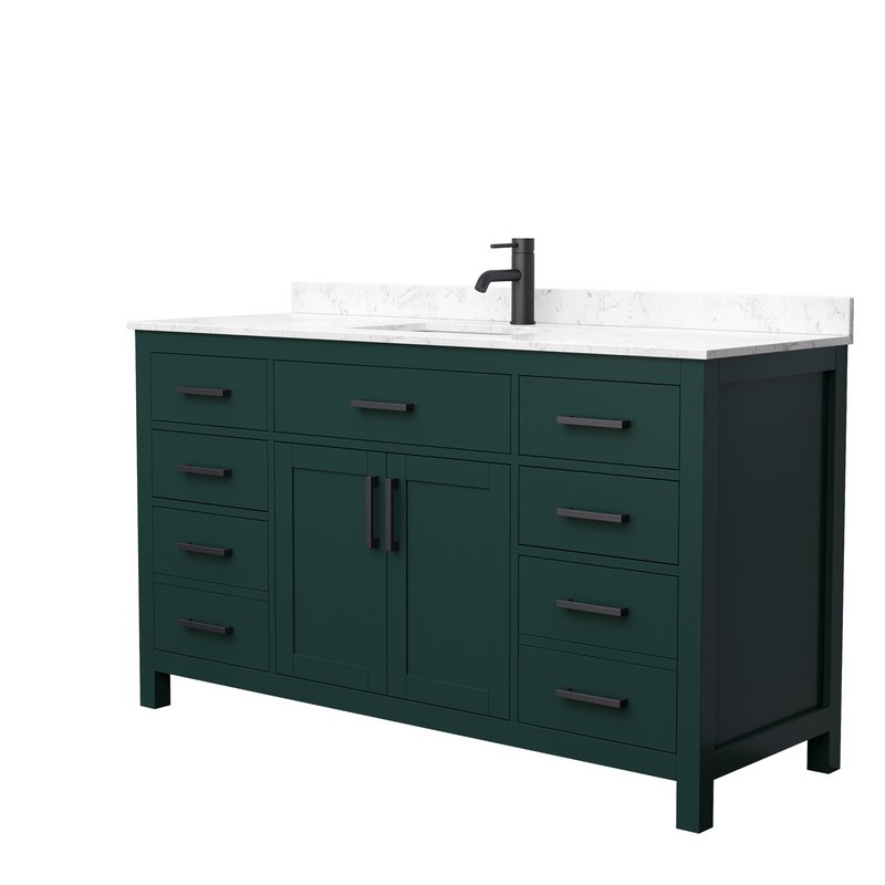 WYNDHAM COLLECTION WCG242460SGKCCUNSMXX BECKETT 60 INCH SINGLE BATHROOM VANITY IN GREEN WITH CARRARA CULTURED MARBLE COUNTERTOP, UNDERMOUNT SQUARE SINK AND MATTE BLACK TRIM