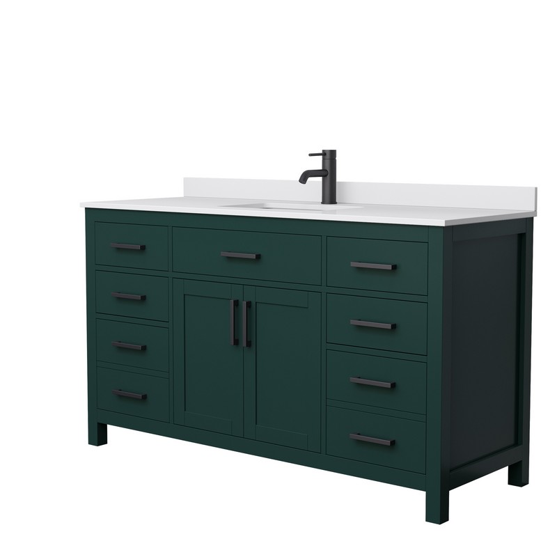 WYNDHAM COLLECTION WCG242460SGKWCUNSMXX BECKETT 60 INCH SINGLE BATHROOM VANITY IN GREEN WITH WHITE CULTURED MARBLE COUNTERTOP, UNDERMOUNT SQUARE SINK AND MATTE BLACK TRIM
