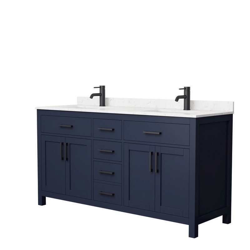 WYNDHAM COLLECTION WCG242466DBBCCUNSMXX BECKETT 66 INCH DOUBLE BATHROOM VANITY IN DARK BLUE WITH CARRARA CULTURED MARBLE COUNTERTOP, UNDERMOUNT SQUARE SINKS AND MATTE BLACK TRIM