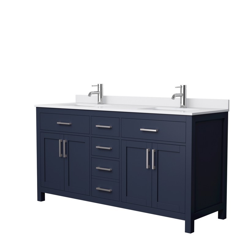 WYNDHAM COLLECTION WCG242466DBNWCUNSMXX BECKETT 66 INCH DOUBLE BATHROOM VANITY IN DARK BLUE WITH WHITE CULTURED MARBLE COUNTERTOP, UNDERMOUNT SQUARE SINKS AND BRUSHED NICKEL TRIM