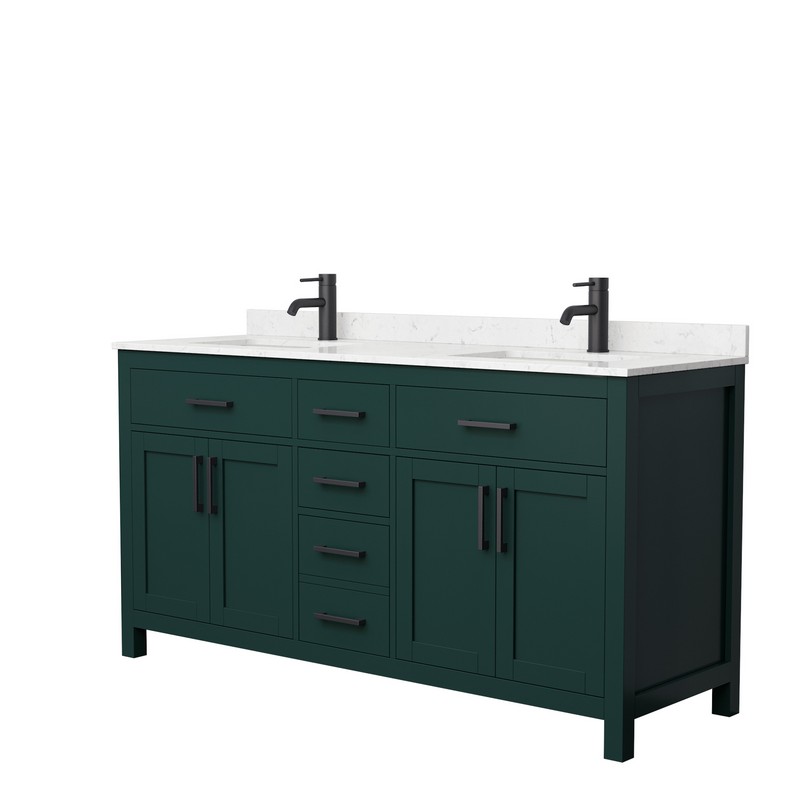 WYNDHAM COLLECTION WCG242466DGKCCUNSMXX BECKETT 66 INCH DOUBLE BATHROOM VANITY IN GREEN WITH CARRARA CULTURED MARBLE COUNTERTOP, UNDERMOUNT SQUARE SINKS AND MATTE BLACK TRIM