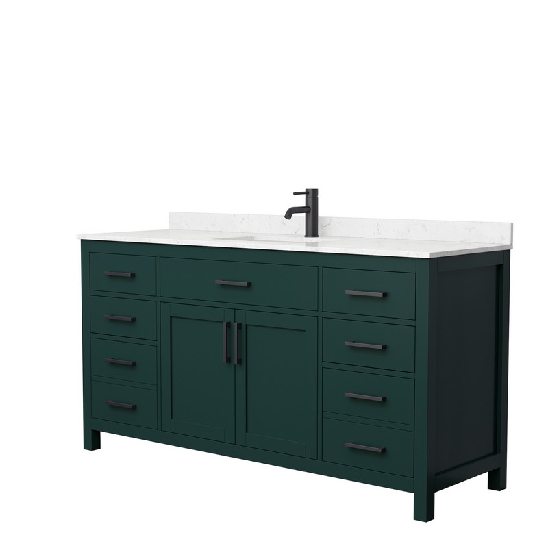 WYNDHAM COLLECTION WCG242466SGKCCUNSMXX BECKETT 66 INCH SINGLE BATHROOM VANITY IN GREEN WITH CARRARA CULTURED MARBLE COUNTERTOP, UNDERMOUNT SQUARE SINK AND MATTE BLACK TRIM