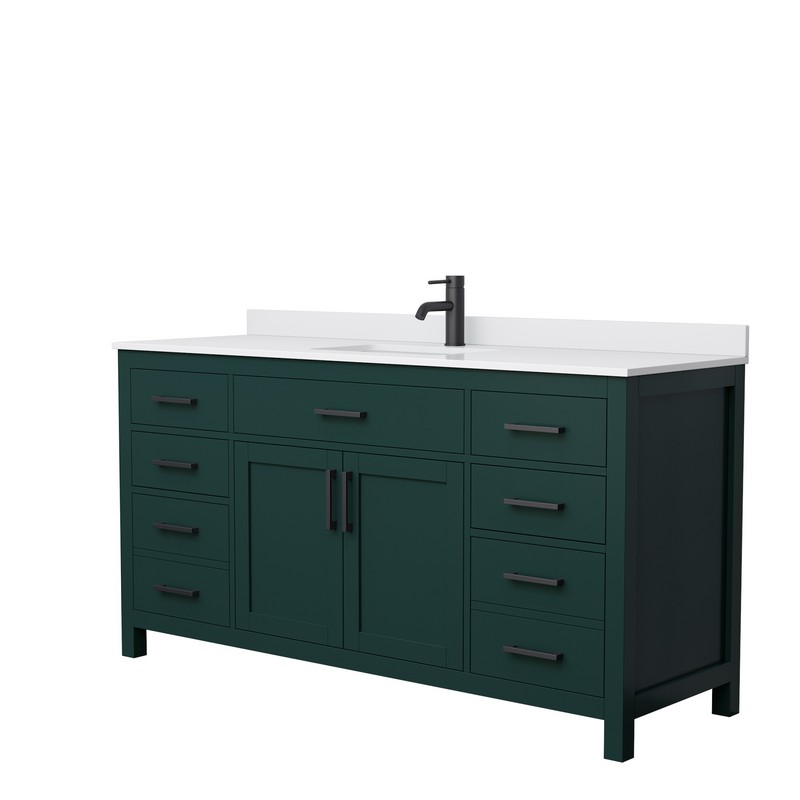 WYNDHAM COLLECTION WCG242466SGKWCUNSMXX BECKETT 66 INCH SINGLE BATHROOM VANITY IN GREEN WITH WHITE CULTURED MARBLE COUNTERTOP, UNDERMOUNT SQUARE SINK AND MATTE BLACK TRIM