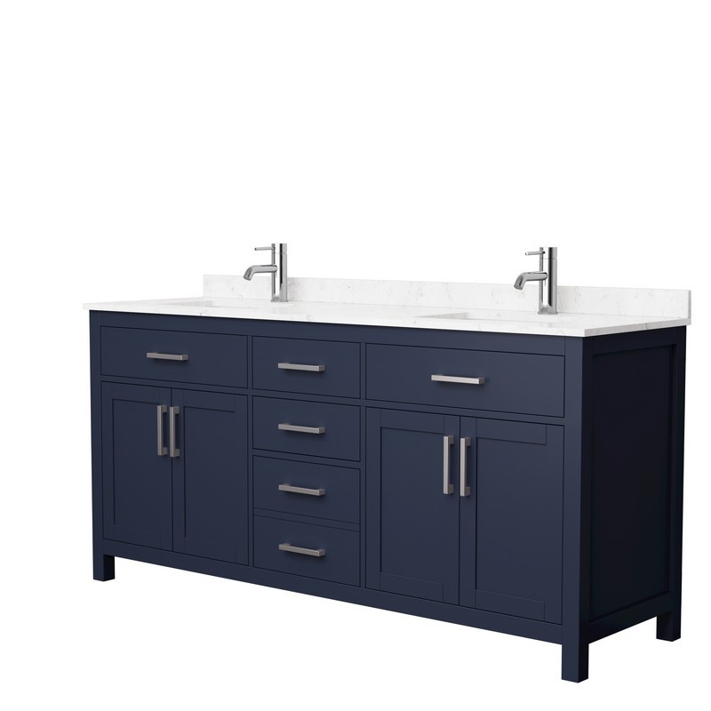 WYNDHAM COLLECTION WCG242472DBNCCUNSMXX BECKETT 72 INCH DOUBLE BATHROOM VANITY IN DARK BLUE WITH CARRARA CULTURED MARBLE COUNTERTOP, UNDERMOUNT SQUARE SINKS AND BRUSHED NICKEL TRIM