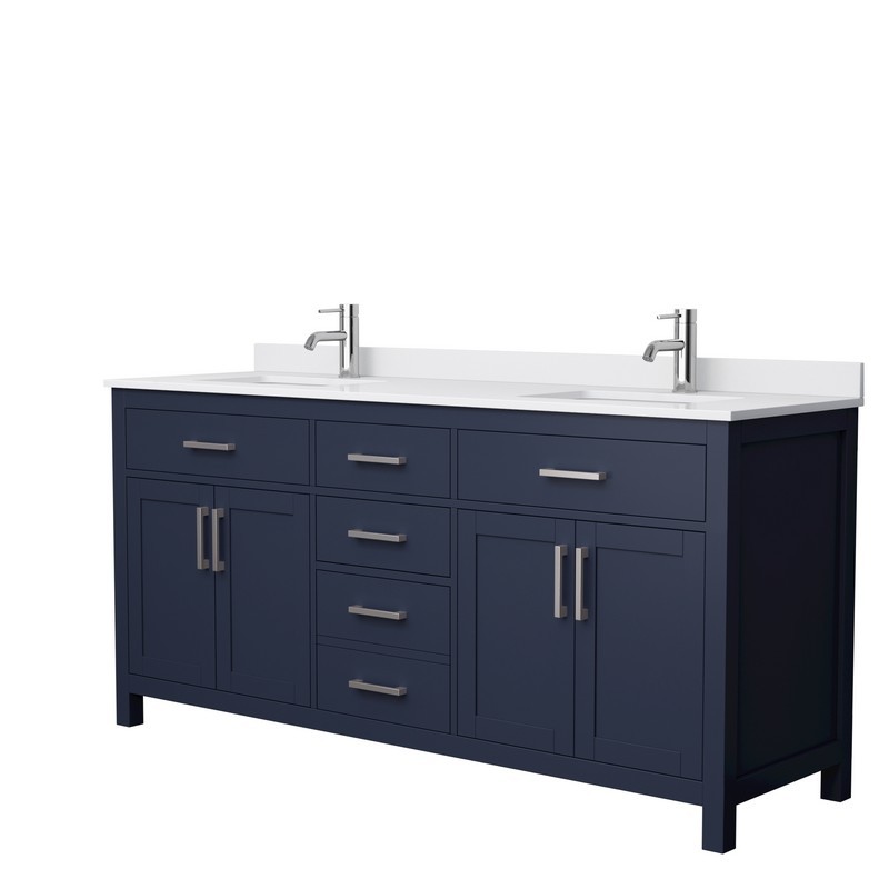 WYNDHAM COLLECTION WCG242472DBNWCUNSMXX BECKETT 72 INCH DOUBLE BATHROOM VANITY IN DARK BLUE WITH WHITE CULTURED MARBLE COUNTERTOP, UNDERMOUNT SQUARE SINKS AND BRUSHED NICKEL TRIM