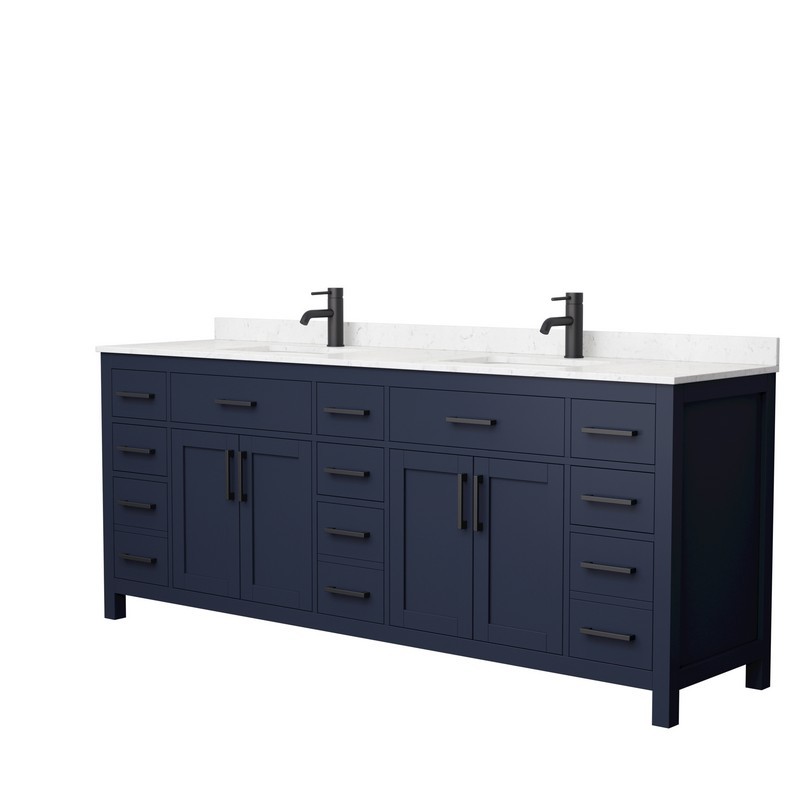 WYNDHAM COLLECTION WCG242484DBBCCUNSMXX BECKETT 84 INCH DOUBLE BATHROOM VANITY IN DARK BLUE WITH CARRARA CULTURED MARBLE COUNTERTOP, UNDERMOUNT SQUARE SINKS AND MATTE BLACK TRIM