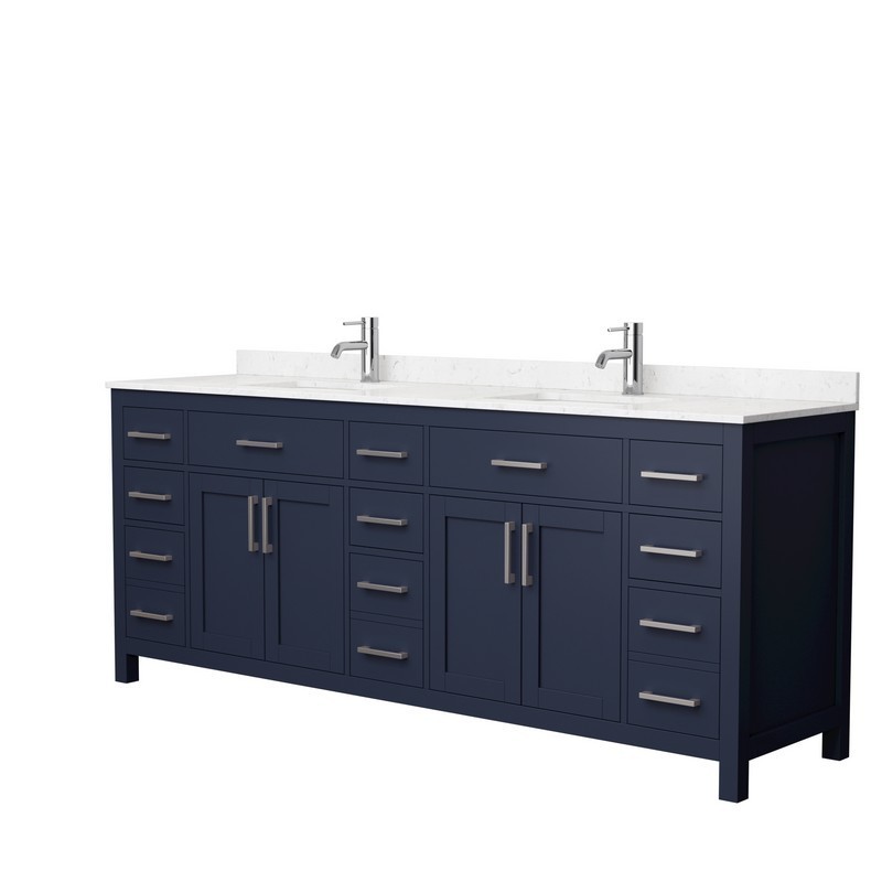 WYNDHAM COLLECTION WCG242484DBNCCUNSMXX BECKETT 84 INCH DOUBLE BATHROOM VANITY IN DARK BLUE WITH CARRARA CULTURED MARBLE COUNTERTOP, UNDERMOUNT SQUARE SINKS AND BRUSHED NICKEL TRIM