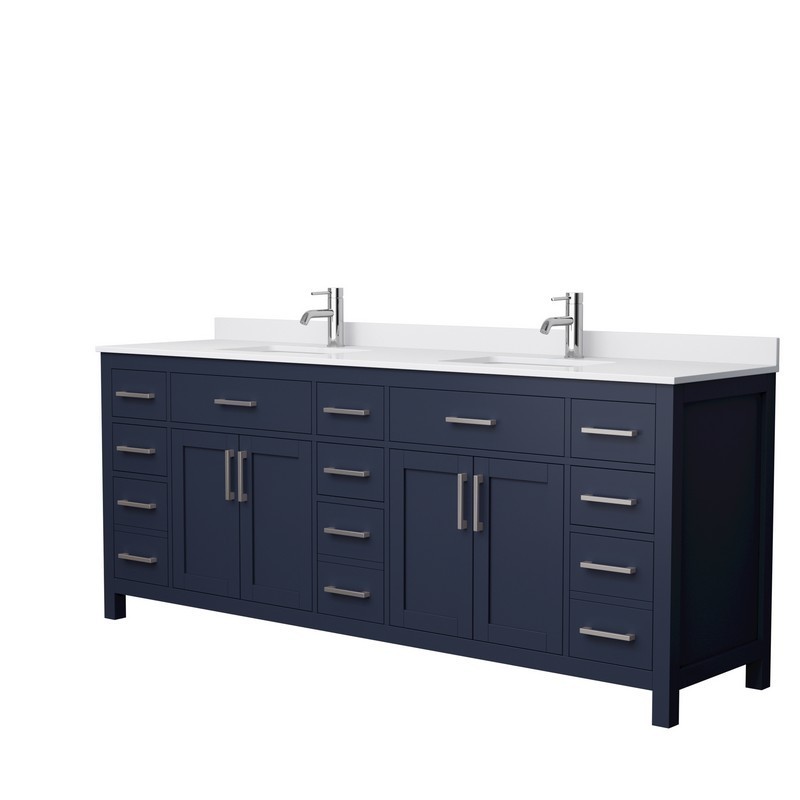 WYNDHAM COLLECTION WCG242484DBNWCUNSMXX BECKETT 84 INCH DOUBLE BATHROOM VANITY IN DARK BLUE WITH WHITE CULTURED MARBLE COUNTERTOP, UNDERMOUNT SQUARE SINKS AND BRUSHED NICKEL TRIM