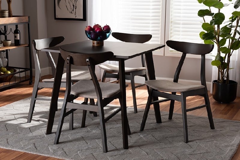 BAXTON STUDIO Fiesta-Latte/Coffee Oak-5PC Dining Set BRITTE MID-CENTURY  MODERN FABRIC UPHOLSTERED FIVE PIECE WOOD