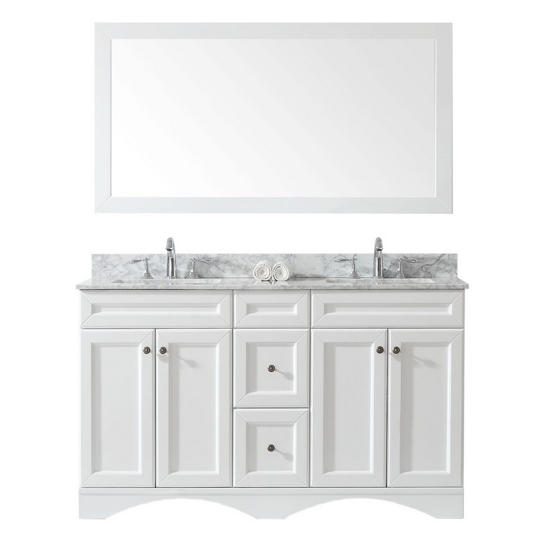 VIRTU USA ED-25060-WMSQ-WH-00 TALISA 60 INCH DOUBLE BATH VANITY IN WHITE WITH MARBLE TOP AND SQUARE SINK WITH FAUCET AND MIRROR