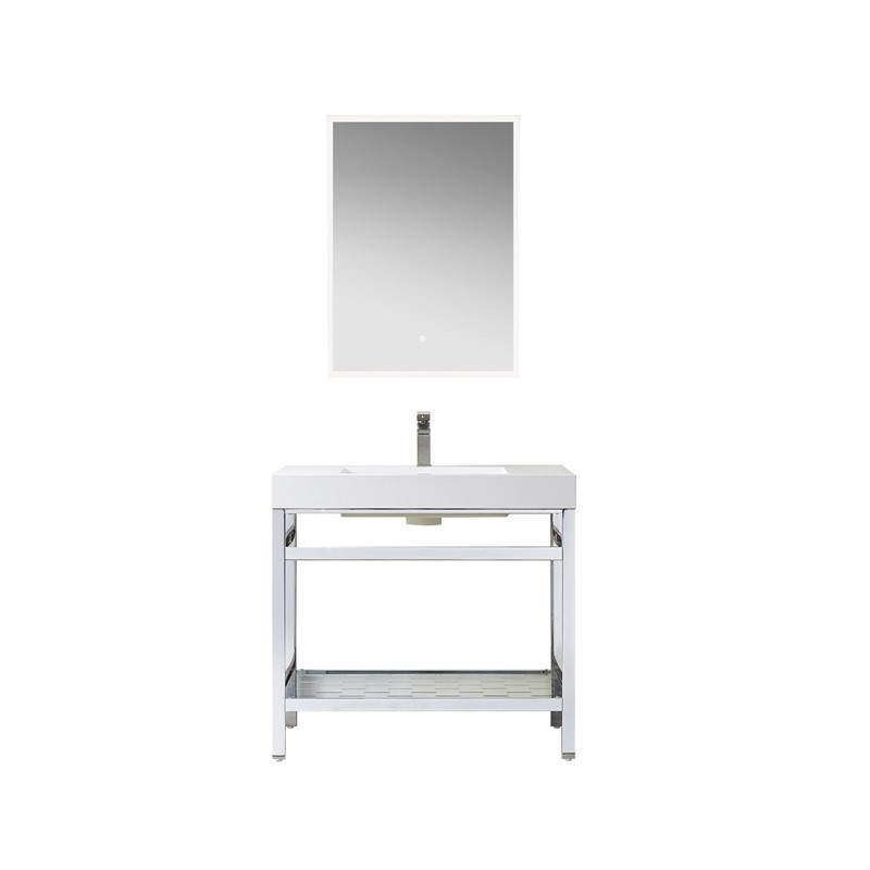 VINNOVA 702836-CH-WH ABLITAS 35 3/4 INCH SINGLE SINK BATH VANITY METAL SUPPORT WITH WHITE ONE-PIECE COMPOSITE STONE SINK TOP AND MIRROR