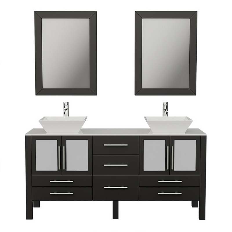 CAMBRIDGE PLUMBING 8119F 63 INCH SOLID WOOD VANITY WITH PORCELAIN COUNTER TOP AND TWO MATCHING VESSEL SINKS AND TWO LONG-STEMMED FAUCETS AND DRAINS