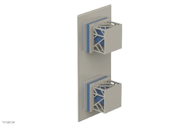 PHYLRICH 4-589-043 JOLIE 4 INCH WALL MOUNT TWO SQUARE KNOB HANDLES THERMOSTATIC VALVE WITH VOLUME CONTROL OR DIVERTER AND LIGHT BLUE ACCENTS