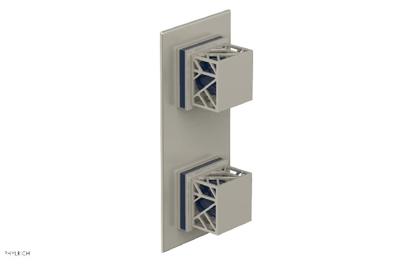 PHYLRICH 4-589/15BX044 JOLIE 4 INCH WALL MOUNT TWO SQUARE KNOB HANDLES THERMOSTATIC VALVE WITH VOLUME CONTROL OR DIVERTER AND NAVY BLUE ACCENTS