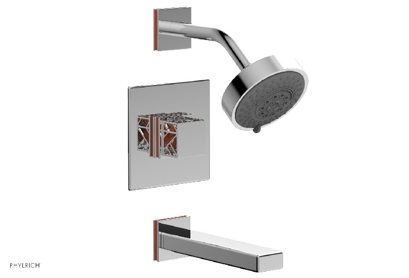 PHYLRICH 222-27-042 JOLIE 4 13/16 INCH WALL MOUNT SQUARE HANDLE PRESSURE BALANCE TUB AND SHOWER SET WITH ORANGE ACCENTS