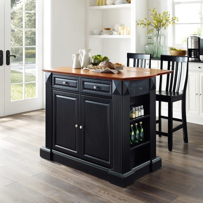 CROSLEY KF300072BK COVENTRY 47 3/4 INCH TRADITIONAL DESIGN DROP LEAF TOP KITCHEN ISLAND WITH SCHOOL HOUSE STOOLS