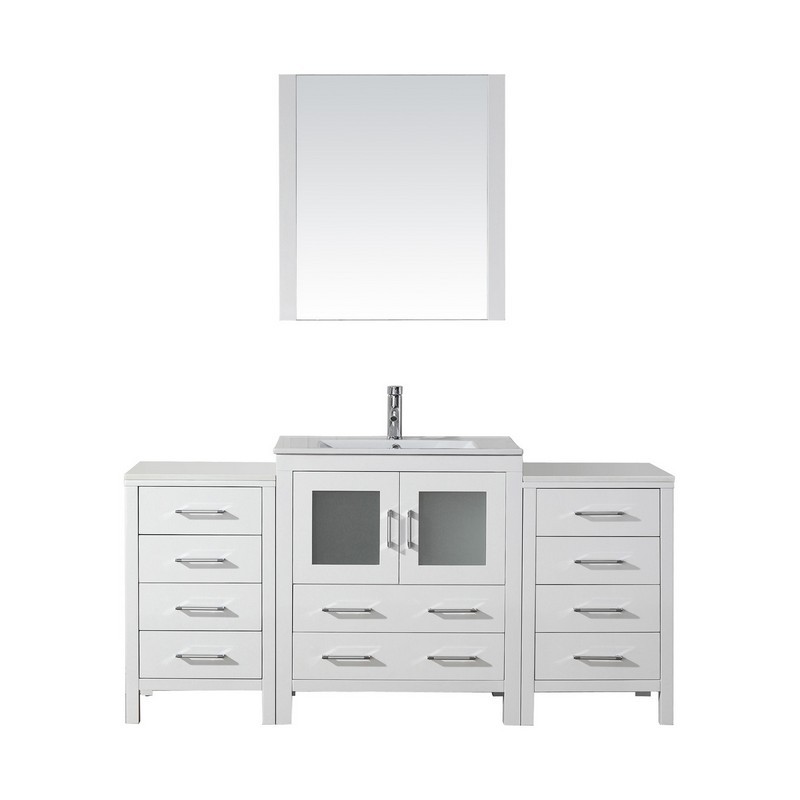 VIRTU USA KS-70066-C-WH DIOR 66 INCH SINGLE BATH VANITY WITH SLIM WHITE CERAMIC TOP AND SQUARE SINK WITH POLISHED CHROME FAUCET AND MIRROR