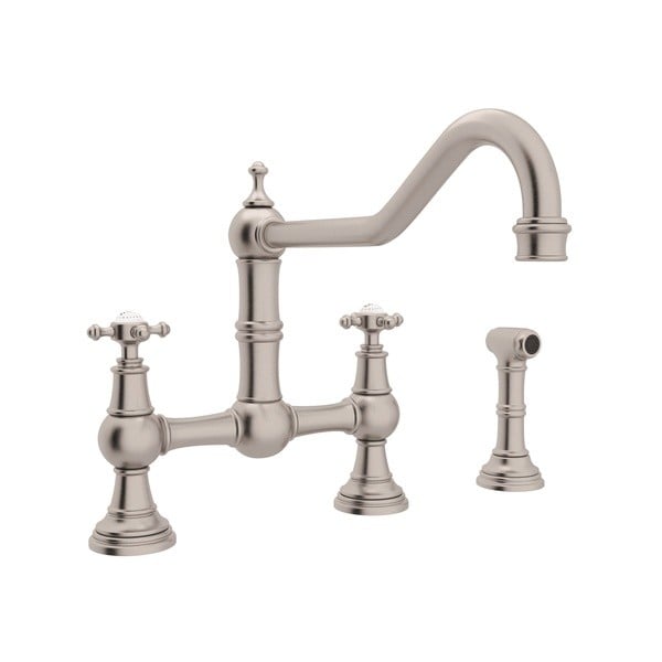 ROHL U.4763X-STN-2 PERRIN  ROWE EDWARDIAN BRIDGE SINGLE HOLE KITCHEN FAUCET  WITH SIDESPRAY AND FIVE SPOKE HANDLES,...